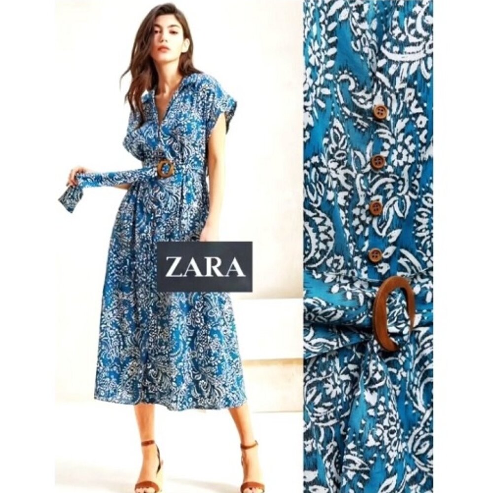 ZARA 100% Cotton Floral Blue Midi Dress Medium Button Front Belt Paisley Print - Picture 3 of 12